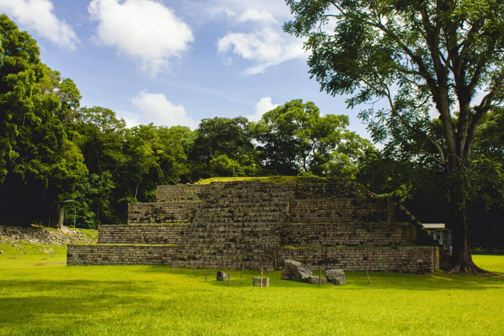 Frontal view of one Mayan Pyramid at Copán Ruins, Honduras